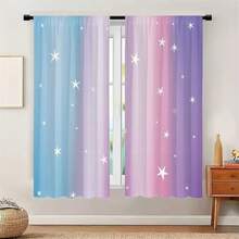 2Pcs Curtains 2D Flat Gradient Background With Light Blue To Light Purple Transition Vertical Pink White Stripes And Scattered White Stars Of Different Sizes For Whimsical Dreamy Composition Window Drapes For Bedroom Room Decor Decoration Window Treatment. - 2pcs - 查看 1