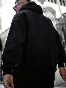 Sudadera con capucha de manga larga con bolsillo tipo canguro y hombros caídos para hombres - Negro - Ver 2