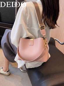 Dedoo Double Shoulder Strap Bucket Shoulder Bag, Metal Hardware Decoration, Adjustable Wide Strap, Large Capacity Women's Daily Commute Crossbody Bag - Pink - View 2