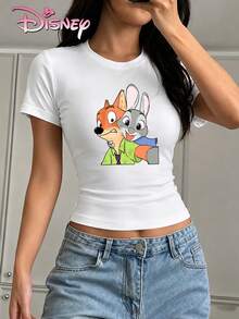 Women's Disney Slim-Fit Cropped T-Shirt With A Zootopia Nick And Judy Print. A Sweet And Cool Style, The Fitted Cut Accentuates Curves And Is Perfect For Couples Or To Take Photos At The Park. - White - View 1
