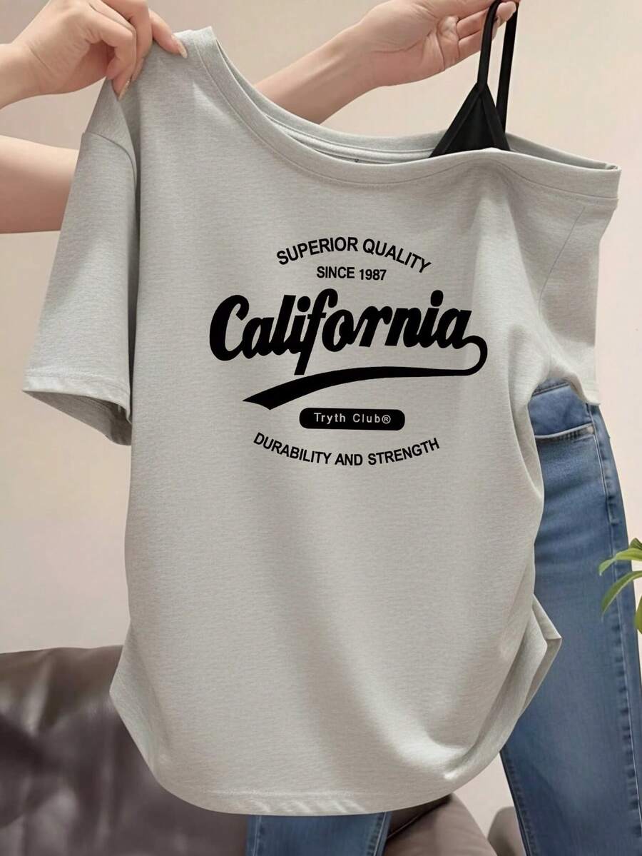 白色單肩方領 California 字母印花短袖女款夏季修身顯身材性感風上衣 美式復古休閒 - 淺灰色 - 查看 1