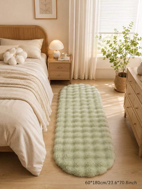 1pc Green Oval 3D Checkered Faux Rabbit Fur Bubble Rug, Fluffy And Soft Touch, Gentle Color, Cozy And Healing, Cat-Like Feel, Fuzzy, Soft Long Pile, Non-Slip Bottom, Low Shedding, Easy Care And Easy Clean, Thick And Durable Rug, Suitable For Living Room, Bedroom, Study, Entryway, Dining Room, Laundry Room Decoration, Skin-Friendly And Soft Material, Personalized Home, Fashion Home, Bedroom Rug, Kitchen Rug, Study Rug, Living Room Rug, Bathroom Rug, All Season Style