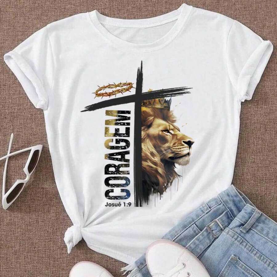 Unisex Short Sleeve Blouse, Plus Size, Neutral, 100% Cotton, Lion Print, Casual, Round Neck, Available In Brazil, 24h Shipping, Colors: Black And White - J2C - 查看 1