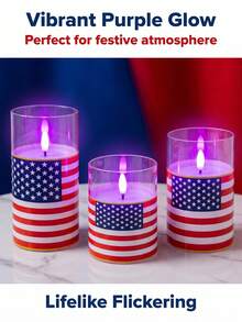 3pcs Flameless Candle Lights With Remote Control/Timer, Battery Operated Candles, Warm Light Candles For Tabletop Centerpiece Decor, Suitable For 4th Of July, Holiday Atmosphere Decoration - Purple Light - View 7
