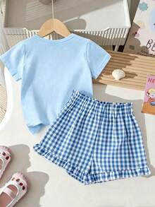 2pcs/Set Tween Girl Cute Sweet Strawberry & Bow Print Graphic Short T-Shirt And Light Blue Plaid Shorts Outfit, Suitable For Spring/Summer Daily Wear - Baby Blue - View 2