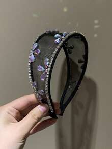 1 pieza Diadema ancha de lujo de malla negra calada con cristales para fiesta, baile de graduación, regalo para novia, accesorio de cabello para vacaciones - Negro - Ver 2