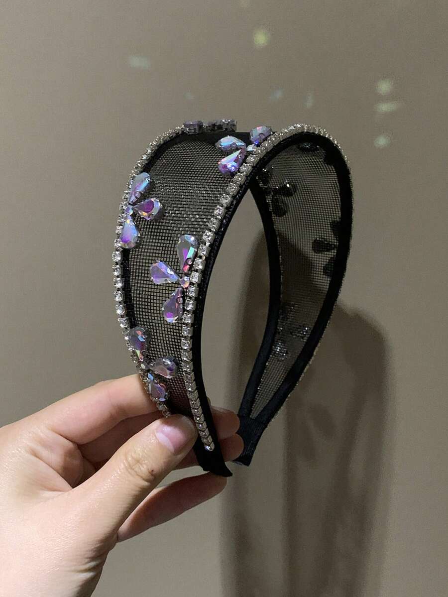 1 pieza Diadema ancha de lujo de malla negra calada con cristales para fiesta, baile de graduación, regalo para novia, accesorio de cabello para vacaciones