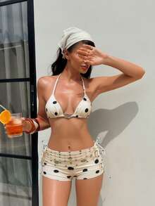3 pièces Ensemble de bikini à pois beige, comprenant un maillot de bain pour homme, un bas sexy à lacets, une décoration ajourée en métal, convenant pour la piscine, la fête et les vacances d'été à la plage - Multicolore - Voir 3
