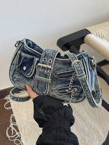 New Casual Chic Washed Jeans Shoulder Bag: Fashionable Y2K-Style Zipper-Detail Handbag Retro Street Style Versatile Crossbody Bag Perfect For Shopping - Blue - View 7