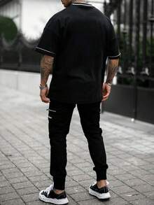 Men Contrast Trim Drop Shoulder Tee - Black - View 4