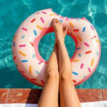 Outdoor Swim Ring Home Use Donut Pattern. Thickened Quality. Perfect For Pool Party Matching. - Rainbow Donuts - Light Pink - View 5