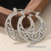 Vintage Boho Crescent Moon Hoop Earrings, Hollow Carved Floral Design In Distressed Silver Tone, Niche Vibe Suitable For Vacation Outfits - Silver - View 6