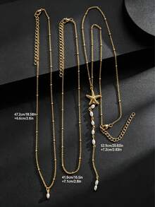 3pcs Elegant Bohemian Style Starfish & Faux Pearl Y-Necklace Set, Multilayer Necklaces Suitable For Women, Vacation, Party, Date, Gift, Versatile Daily Wear - Yellow Gold - View 4