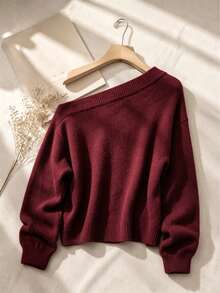 Sexy Asymmetrical Shoulder Loose Knit Sweater, Wine Red, Casual Chic Appearance, Flattering Fit, Long Sleeve Pullover Top - Burgundy - View 3