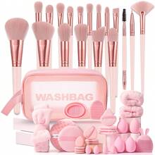 47 pièces Ensemble d'outils de maquillage tout-en-un, 18 pièces Pinceaux de maquillage doux, Sac cosmétique zippé étanche, Éponges de maquillage, Diverses houppettes, Éponges nettoyantes, Bandeau, Sangles pour les mains, Nettoyants doubles et outil facial en silicone - Multicolore - Voir 12