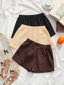 Set de 3 pantalones cortos de lino de colores múltiples tejidos de moda para mujer en verano, atuendos de verano para mujer, ropa de verano, Coachella, atuendos de festival para mujer - Marrón - Ver 1