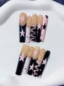 10 pièces autocollants pour ongles Y2K mignons faits à la main en forme de cercueil allongé rose & noir, manucure française, pointes françaises peintes à la main, étoiles roses, décoration de diamants; fournitures d'art pour ongles, autocollants pour ongles acryliques, ongles DIY, convient pour les vacances, les anniversaires, les fêtes, le port quotidien; comprend 1 pièce feuille d'autocollants pour ongles et 1 pièce mini lime à ongles, ongles à presser faits à la main - Rose pâle - Voir 3
