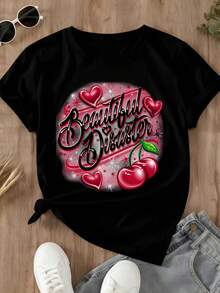 Beautiful Disaster Cherry Heart Print White T-Shirt For Casual And Sporty Outfits - Black - View 2