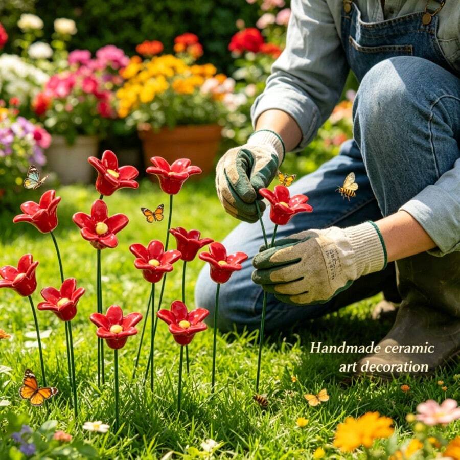 12pcs Handmade Bright Red 5-Petal Ceramic Flower Garden Stakes, Green ...
