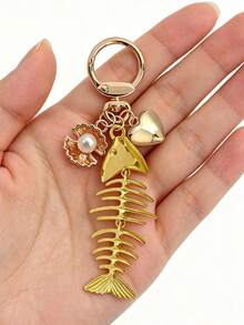 Wave-Patterned Fishbone, Pearl Shell, Heart Bags Charms-Bohemian Vacation/Beach Resort/Ocean Themed Accessory, Car Pendants, Hanging On Straw Bags, Backpack, Wallet, Headphone Bag, Canvas Bags, Keys, Lovely Gift For Beach Trip Or Summer - A - View 8