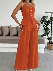 xheBreezaya Set de 2 piezas con camiseta de tirantes de color liso y pantalones de pierna ancha de linoxhe - Naranja - Ver 5