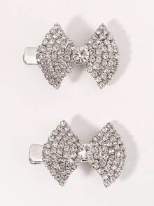 2pcs Sparkling Rhinestone Bowknot Hair Clips, Elegant Side Bangs Duckbill Clips, Princess Style Party Hair Accessories For Women - Silver - View 8