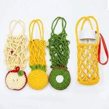 2-In-1 Handmade Crochet Fruit Bag Charm & Portable Knitted Coffee Cup Mesh Bag, Foldable Water Bottle Storage Bag With Handle, Multi-Functional Knitted Cup Sleeve Suitable For Coffee Cups & Water Bottles, Bag Charm, Keychain Accessory, Fruit Shape (Apple, Pineapple) - Multicolor - View 2