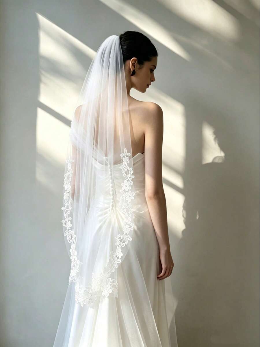 1 Meter Long Lace Bridal Veil With Comb, Soft Sheer Tulle, Suitable For Wedding Dress