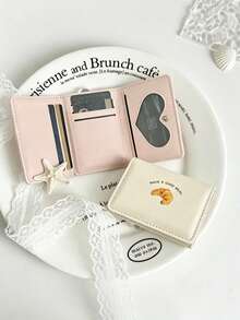 1pc Cream Croissant Print Trifold Short Wallet, Korean Cute Style Women's Multi-Slot Coin Purse, Student Portable Bank Card Holder, Daily Commute Carry-On Coin & Document Organizer Small Bag, Travel Essential Gift - Multicolor - View 4