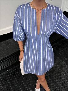 dfgSiren Gaze Vestido corto casual con diseño de rayas y cintura ceñida para uso diarioafd VA4S - Azul y blanco - Ver 1