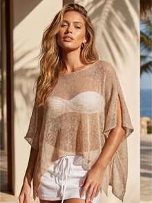 Y2K Style Women Solid Knit Poncho Boat Neck Asymmetrical Hem Loose Fit Lightweight Coverup Tops Casual Soft Shrug Sweater Daily Vacation Outerwear - 杏色 - 查看 1