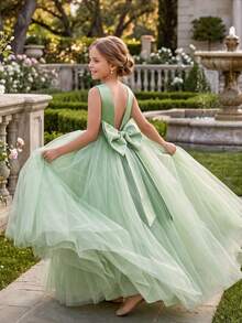 Tween Girl Elegant Bowknot Backless Deep V Mesh Princess Dress, Suitable For Birthday Party, Wedding, Flower Girl, Prom, Holiday Occasions - Mint Green - View 1