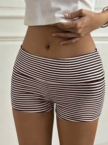 SCARLUX Fall Y2K Women Horizontal Striped Shorts, Brown Foldover High Waist Slim Short Pants For Back To School Street Wear Summer - Brown - View 8