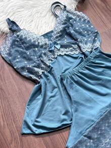 Short Doll Women's Pajama Set/ Two-Tone Lace - Dusty Blue - View 2