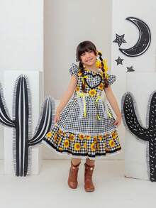 Short-Sleeved Puff-Sleeved Dress For Girls, Luxury Children's Clothing, Versatile, Stylish, Blogger-Worthy, Birthday Gift, Flared With Ruffles, Country, June Festival, Events, Party, Floral Print, Plaid, Premium, Square Dance, São João Set With Bow, Flowers, Lace. - 黑色 - 查看 1