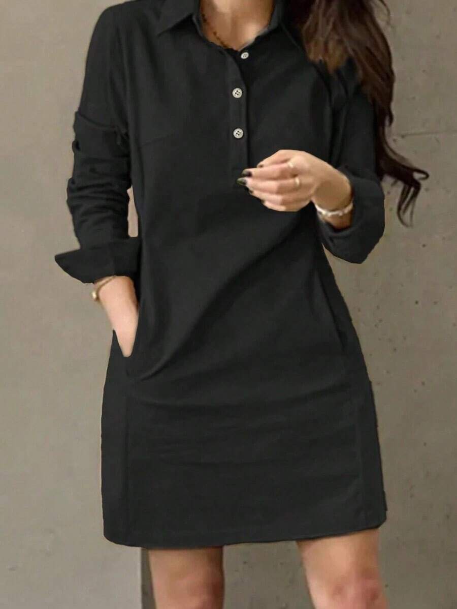Vestido corto elegante de mujer con manga larga, estilo de moda casual con solapa y decoración de botones, para primavera y otoño - Negro - Ver 1