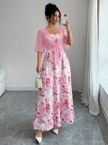 Ensemble 2 pièces pour femmes avec cardigan en mousseline élégant + robe imprimée, imprimé floral romantique sur tout le corps, élégant bohème sexy pour la nuit, les vacances, la plage, rose d'été - Rose bonbon - Voir 3