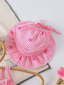 Summer Pet Pink & White Striped Heart Halter Set: Ruffle Waist Top + Matching Sun Hat Dog Clothes - Pink - View 6