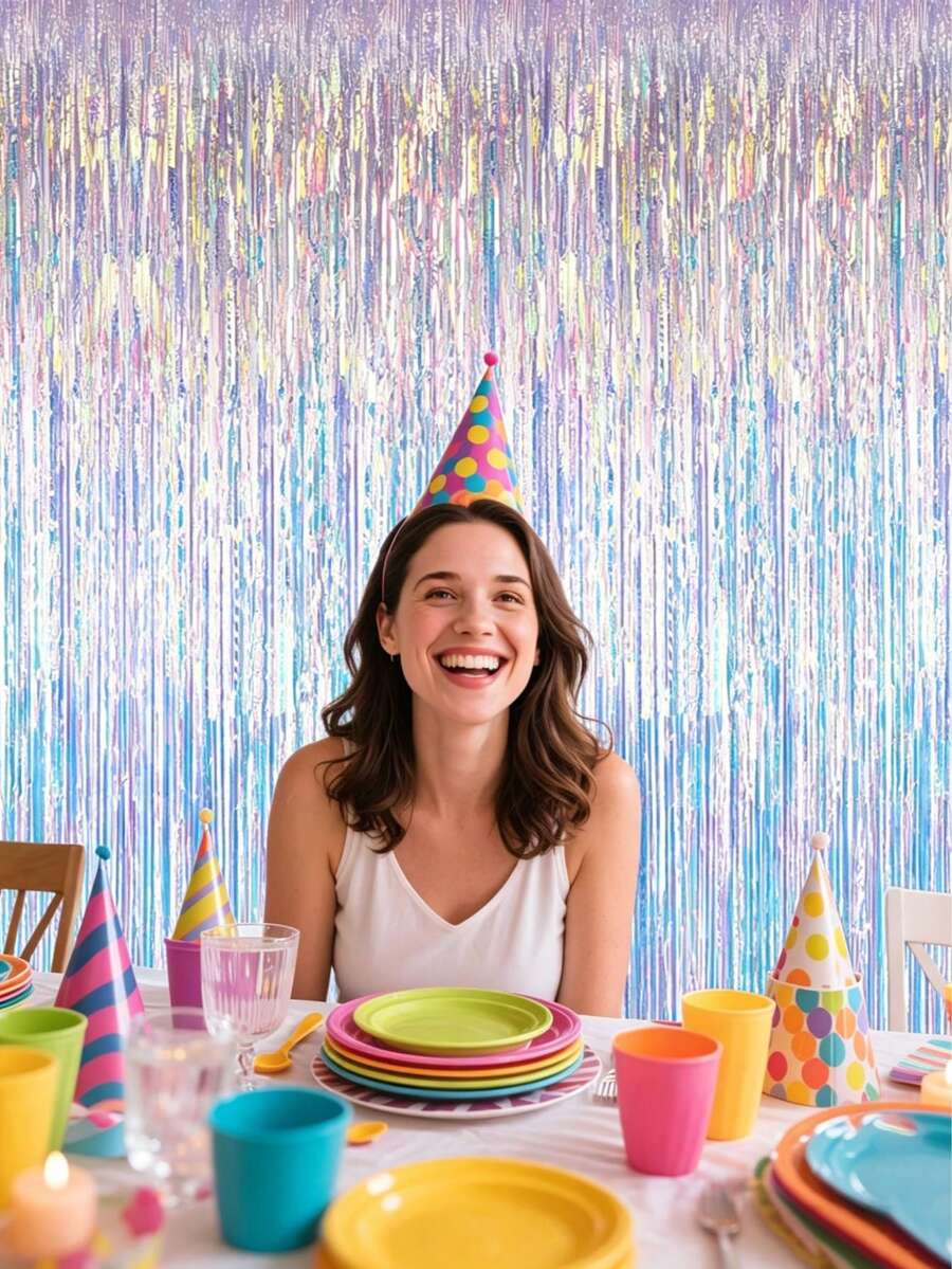 2pcs Rainbow Party Decoration Fringe Backdrop Curtain, Shiny Holographic Aluminum Foil Fringe Metallic Wire Curtain, Suitable For Frozen Mermaid Theme Birthday Party Decoration - 3.3 X 6.6ft (Approx. 1 X 2m) - A - View 1