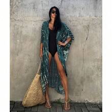 Women's Tie Dye & Leopard Print Kimono Cover Up, Loose Open Front Long Beach Cardigan, Casual Swimsuit Coverups For Summer - 綠色(ZS1660-15) - 查看 7