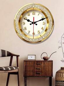 1 pieza Reloj de pared plano 2D | Reloj de pared redondo de madera chapado en oro con marco incrustado de cristal, adecuado para decoración de sala de estar, dormitorio, oficina, lobby de hotel, comedor - Multicolor - Ver 9
