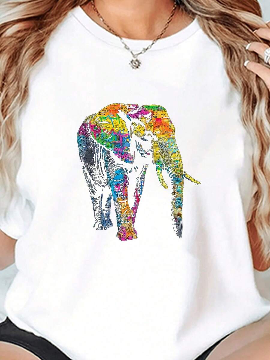 Breathable T-Shirt With Colorful Elephant Graphic Design - White - View 1