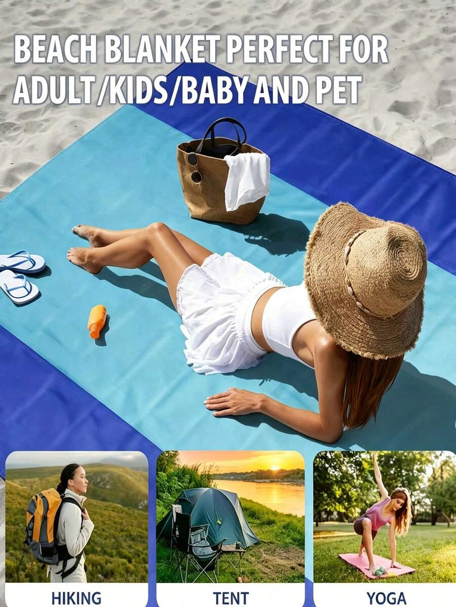 Manta de picnic de playa extra grande a prueba de arena, manta plegable impermeable para exteriores con bolsa de almacenamiento, 4 estacas de suelo y mosquetón, manta portátil ligera a prueba de arena para playa, parque, camping, senderismo, viajes y picnic familiar - A - Ver 1