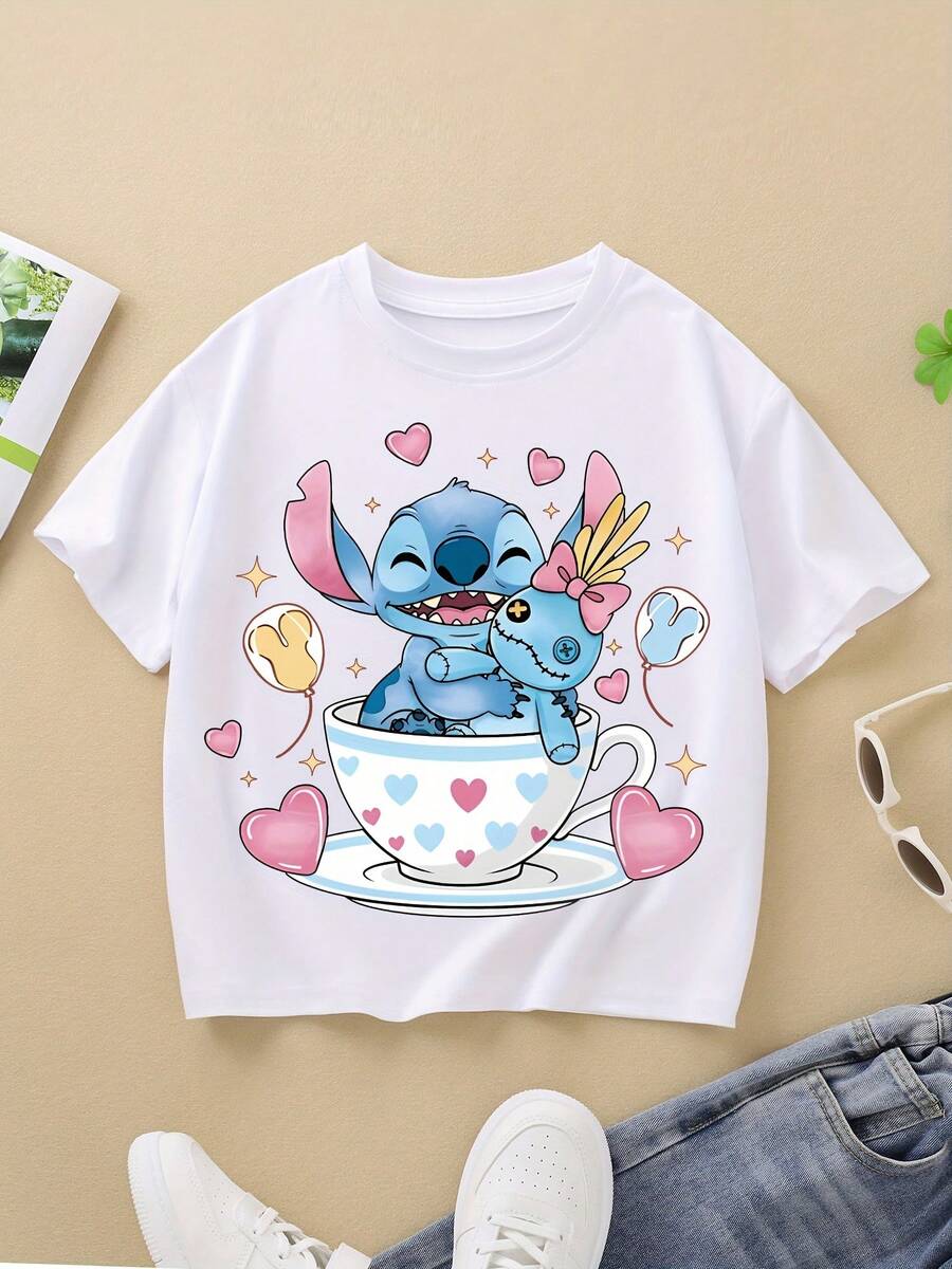 (Disney) Amusement Park Castle Clothes, (Stitch) & (Lilo), Cute Pink Tops That Girls Like In Summer, Red T-Shirts, Skin-Friendly And Soft Fabric, Elastic And Breathable, Fashionable , Suitable For Both Boys And Girls, A Back-To-School, Holiday - trắng - Xem 1