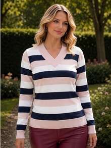 Women's Cold Weather Blouse | Women's Striped Long Sleeve Blouse | Striped V-Neck Blouse | Stripes - 乾枯玫瑰色 - 查看 3