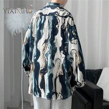 【YIXIXIHO】香港風 シルクサテン 花柄シャツ メンズ ワルかっこいい なめらか ドレープ感 ゆったり 長袖 レトロ 全面プリント オイルペイント柄 シャツ送料無料 - ブルー - チェックする 5