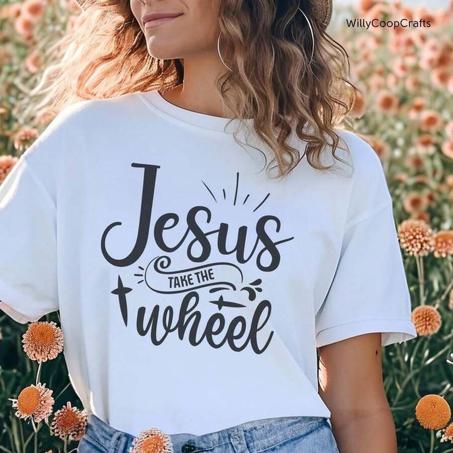 Jesus Take The Wheel S1Hort Sve S1Hirt, Jesus Take The Wheel T-S1Hirt, Jesus Quote S1HirT1S, C1Atc S1Hirt, C1Arrie Under Jersey Bella - 白色 - 查看 1