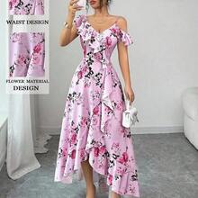 Vestido largo rosa con estampado floral, cuello oblicuo, volantes en el bajo e bajo irregular, para mujer, nuevo estilo romántico retro de palacio, para vacaciones en la playa, uso diario, citas, fiestas - Rosa - Ver 4
