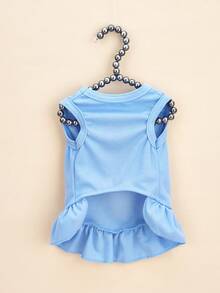 1pc Ruched T-Shirt Dress, Princess Ruffle Hem, Sleeveless Pet Dog Cat Dress, Spring/Summer - Blue - View 6