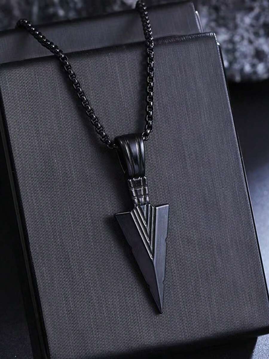 1pc Vintage Spearhead Arrow Pendant Necklace, Retro Textured Chain, Punk Unisex Street Style Jewelry For Men & Women - Black - View 1